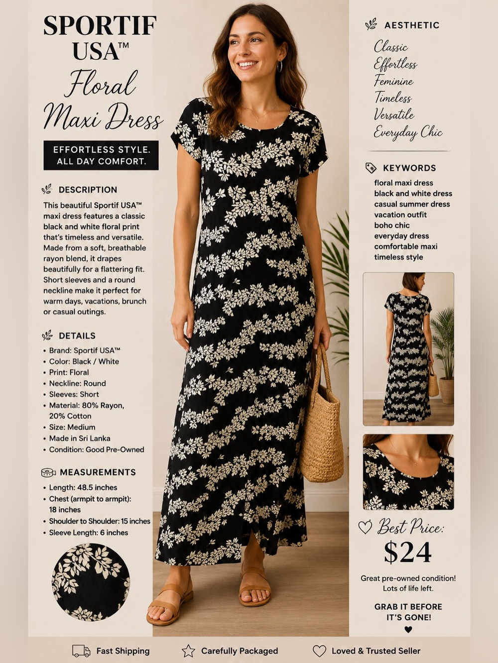 Black Maxi Dress with Cream Leaf Print